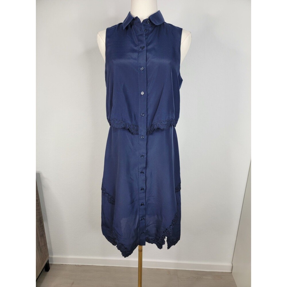 Parker Aquarius Navy Blue Scalloped Lace Layered Button Down Dress P6K3228TEN M